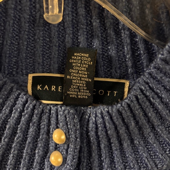 Women’s blue cable-knit granny core preppy sweater mock neck & pearl buttons XL - Picture 4 of 5